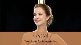  Presentation with glamour - Theme with people holidays royalty and glamour concept - smiling woman in evening dress wearing golden crown over black background background and a coral colored foreground
