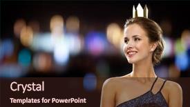  Presentation with golden lights - Presentation enhanced with people holidays royalty and glamour concept - smiling woman in evening dress wearing golden crown over night lights background background and a wine colored foreground