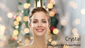  Presentation with golden lights - Colorful presentation theme enhanced with people holidays royalty and glamour concept - smiling woman in evening dress wearing golden crown over christmas tree lights background backdrop and a coral colored foreground