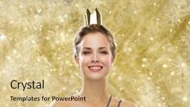  Presentation with golden lights - Amazing PPT theme having people holidays royalty and glamour concept - smiling woman in evening dress wearing golden crown over yellow lights background backdrop and a coral colored foreground