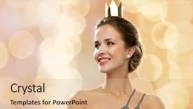  Presentation with golden lights - Slide set enhanced with people holidays royalty and glamour concept - smiling woman in evening dress wearing golden crown over beige lights background background and a lemonade colored foreground