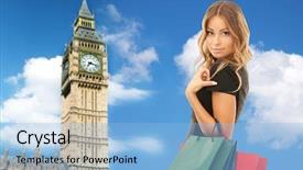  Presentation with tourism - Amazing PPT theme having people holidays tourism travel and sale concept - young happy woman with shopping bags over big ben clock tower background backdrop and a light blue colored foreground