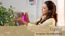  Presentation with home care - Presentation theme featuring people-housekeeping-and-plants-care background and a coral colored foreground