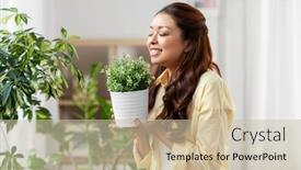  Presentation with home care - Cool new slide set with people-housekeeping-and-plants-care backdrop and a soft green colored foreground