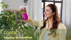  Presentation with home care - Beautiful slide set featuring people-housekeeping-and-plants-care backdrop and a tawny brown colored foreground
