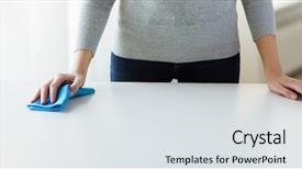  Presentation with housekeeping - PPT theme consisting of people housework and housekeeping concept - close up of woman hand cleaning table with cloth at home background and a sky blue colored foreground
