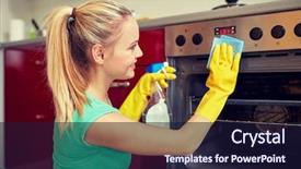  Presentation with housekeeping - Slide deck with cleanser cleaning oven at home background and a wine colored foreground