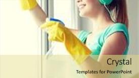  Presentation with housekeeping - Audience pleasing PPT layouts consisting of people housework and housekeeping concept - happy woman in headphones listening to music and cleaning window with cleanser at home backdrop and a yellow colored foreground