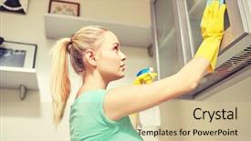  Presentation with kitchen cabinet - Amazing slide deck having people housework and housekeeping concept - happy woman cleaning cabinet with rag and cleanser at home kitchen backdrop and a lemonade colored foreground