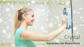  Presentation with housekeeping - Audience pleasing PPT layouts consisting of people housework and housekeeping concept - happy woman cleaning mirror with rag at home over snow effect backdrop and a soft green colored foreground