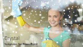  Presentation with housekeeping - Presentation with people housework and housekeeping concept - happy woman in gloves cleaning window with rag and cleanser spray at home over snow effect background and a mint green colored foreground