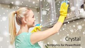  Presentation with kitchen cabinet - Audience pleasing slide deck consisting of people housework and housekeeping concept - happy woman cleaning cabinet with rag and cleanser at home kitchen over snow effect backdrop and a soft green colored foreground