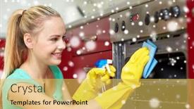  Presentation with housekeeping - Amazing theme having people housework and housekeeping concept - happy woman with bottle of spray cleanser cleaning oven at home kitchen over snow effect backdrop and a yellow colored foreground