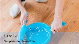  Presentation with housekeeping - Colorful PPT theme enhanced with people housework cleaning and housekeeping concept - close up of woman with brush and dustpan sweeping floor at home backdrop and a cyan colored foreground