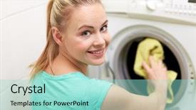  Presentation with housekeeping - PPT theme enhanced with people housework laundry and housekeeping concept - happy woman putting laundry into washing machine at home background and a arctic colored foreground