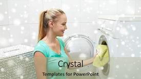  Presentation with housekeeping - Audience pleasing PPT theme consisting of people housework laundry and housekeeping concept - happy woman putting laundry into washing machine at home over snow effect backdrop and a mint green colored foreground
