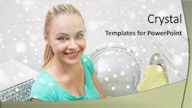  Presentation with housekeeping - PPT theme consisting of people housework laundry and housekeeping concept - happy woman putting laundry into washing machine at home over snow effect background and a light gray colored foreground