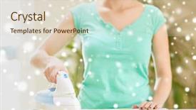  Presentation with housekeeping - PPT theme featuring people housework laundry and housekeeping concept - close up of happy woman with iron and ironing board at home over snow effect background and a lemonade colored foreground