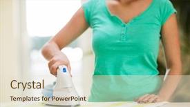  Presentation with housekeeping - Presentation theme with people housework laundry and housekeeping concept - close up of woman with iron and ironing board at home background and a lemonade colored foreground
