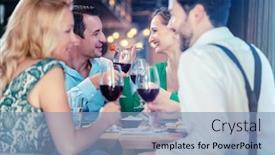  Presentation with restaurant - PPT theme featuring people-in-an-upscale-restaurant background and a teal colored foreground