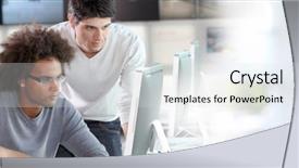 Presentation with young business people - Amazing presentation having people in business training template backdrop and a light gray colored foreground