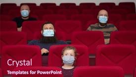  Presentation with covid coronavirus - Beautiful PPT theme featuring people-in-cinema-with-protection backdrop and a crimson colored foreground
