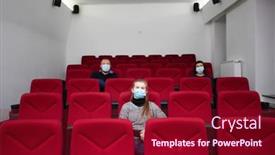  Presentation with covid coronavirus - Colorful slide set enhanced with people-in-cinema-with-protection backdrop and a crimson colored foreground