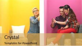  Presentation with group of people praying to god - Colorful presentation enhanced with people in colorfull startup enviroment backdrop and a yellow colored foreground