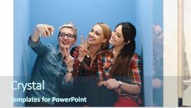  Presentation with big group people - PPT theme featuring people in colorfull startup enviroment background and a ocean colored foreground