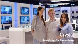  Presentation with consumer electronics - Beautiful PPT theme featuring people in consumer electronics retail backdrop and a  colored foreground