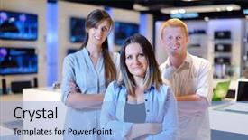  Presentation with consumer electronics - PPT layouts consisting of people in consumer electronics retail background and a light blue colored foreground