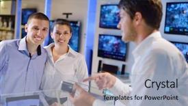  Presentation with consumer electronics - Audience pleasing PPT layouts consisting of people in consumer electronics retail backdrop and a light blue colored foreground