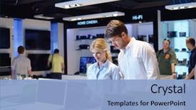  Presentation with retail - Audience pleasing presentation design consisting of people in consumer electronics retail backdrop and a light blue colored foreground