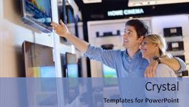  Presentation with consumer electronics - Presentation theme featuring people in consumer electronics retail background and a teal colored foreground