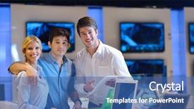  Presentation with consumer electronics - Presentation design enhanced with people in consumer electronics retail background and a  colored foreground