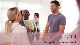  Presentation with community meeting - Audience pleasing theme consisting of people-in-exercise-clothing-meeting backdrop and a coral colored foreground