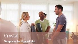  Presentation with community meeting - PPT layouts featuring people-in-exercise-clothing-meeting background and a coral colored foreground