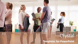  Presentation with community meeting - Cool new slides with people-in-exercise-clothing-meeting backdrop and a coral colored foreground