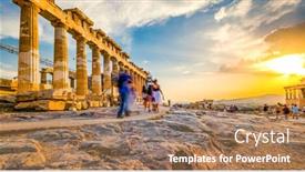  Presentation with motion - Presentation design having people in motion blur walking around the ruins of parthenon temple in athens greece background and a coral colored foreground