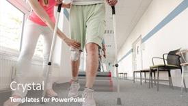  Presentation with injury - PPT theme consisting of people in rehabilitation learning how to walk with crutches after having had an injury background and a gray colored foreground