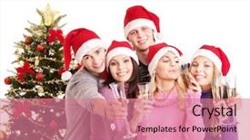  Presentation with group of diverse people - Theme featuring people in santa hat drinking background and a coral colored foreground