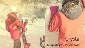  Presentation with holding people in hands - PPT theme enhanced with people in ski suit holding background and a  colored foreground