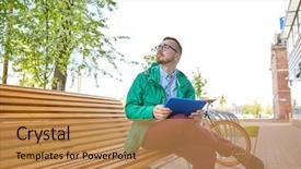  Presentation with inspiration - Beautiful PPT layouts featuring people inspiration technology and lifestyle - happy young hipster man with tablet pc computer sitting and thinking on bench in city backdrop and a coral colored foreground