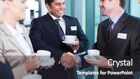  Presentation with friendly - Audience pleasing presentation consisting of people interacting during conference break backdrop and a dark gray colored foreground