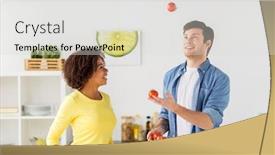  Presentation with international food - Amazing theme having people international and healthy eating concept - happy couple cooking food and juggling tomatoes at home kitchen backdrop and a light gray colored foreground