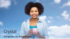  Presentation with saving - Colorful slide deck enhanced with people investment saving and finances concept - happy afro american young woman with piggy bank over blue sky background backdrop and a light blue colored foreground