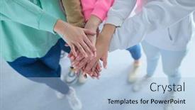  Presentation with women - Audience pleasing slides consisting of people-joining-hands-young-women backdrop and a light blue colored foreground