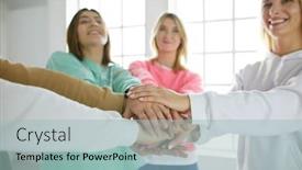  Presentation with women - Amazing theme having people-joining-hands-young-women backdrop and a light blue colored foreground