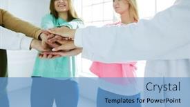  Presentation with women - Colorful presentation enhanced with people-joining-hands-young-women backdrop and a teal colored foreground