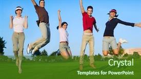  Presentation with group of happy couples - Presentation theme having people jumping outdoors grass photo background and a forest green colored foreground